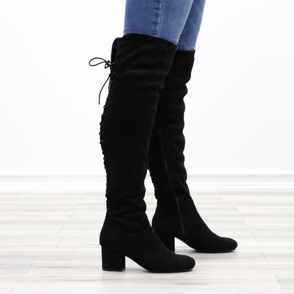Over The Knee Block Heel Boots With Lace Up Back - Picture 12 of 16
